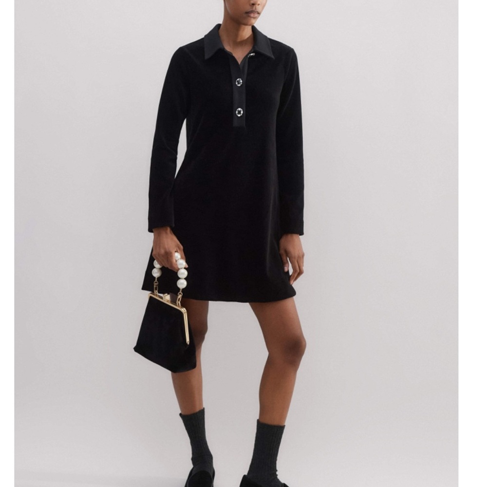 ME + Em Crystal Button Cord Velour A Line Dress Size 8 Quiet Luxury Long Sleeve